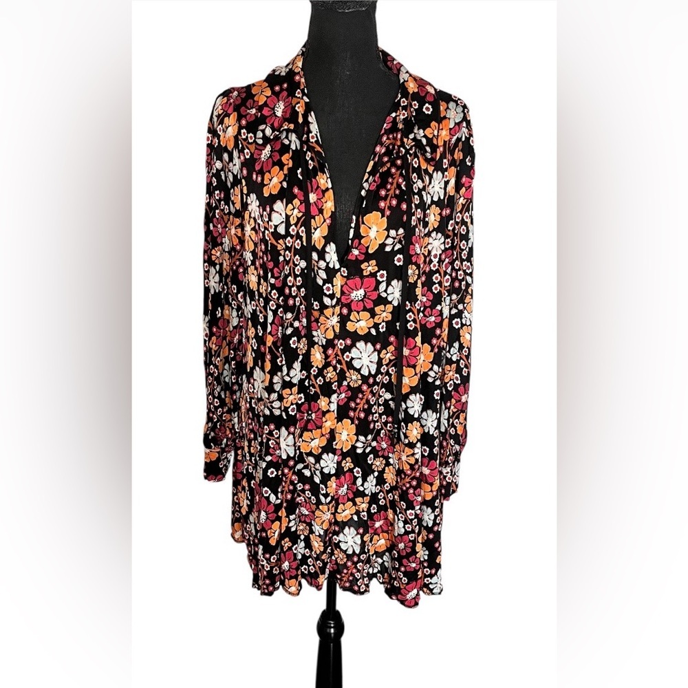 Free People Daisy Jane Long-Sleeve Mini Dress Black Multi Sz M Boho V Neck